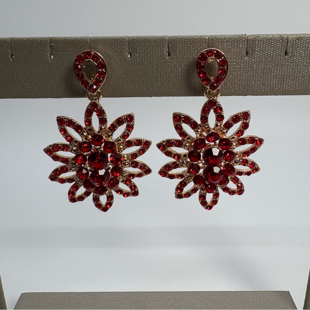 Red Floral Dangle Crystal Drop Rhinestone Flower Earrings